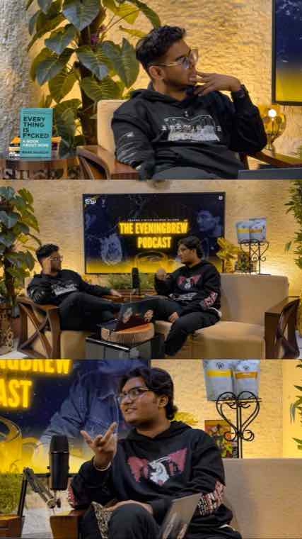 Salman hosting a Season 4 episode with Arique, founder of Yokai Clothing, on the warm-lit Evening Brew set.