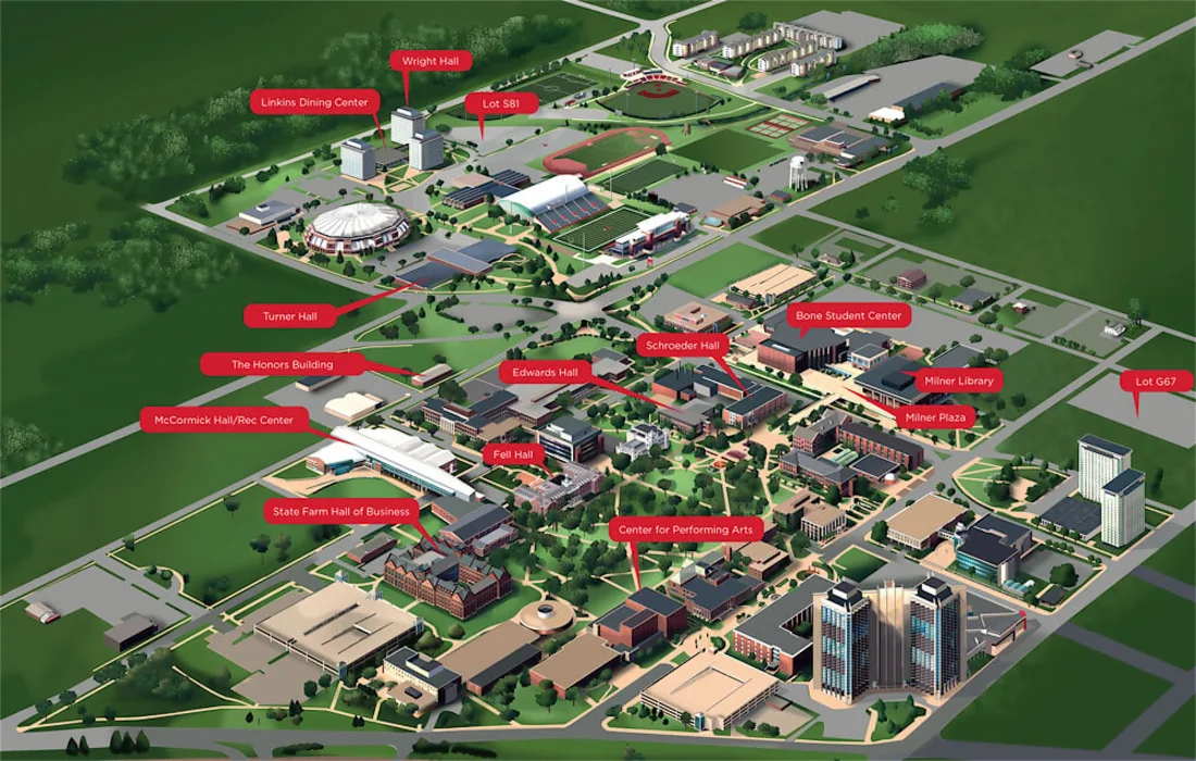 An illustrated aerial map of the Illinois State campus with labels for halls, the library, dining centers and the student center.