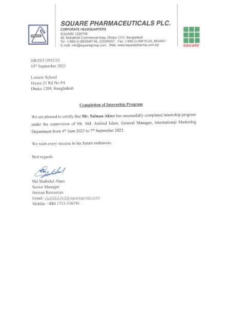 Square Pharmaceuticals letter certifying that Salman completed the International Marketing internship from 4 June to 7 September 2023.