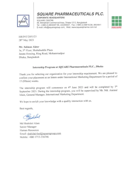 Square Pharmaceuticals placement letter confirming Salman's 15-week internship in the International Marketing Department, 4 June to 7 September 2023.