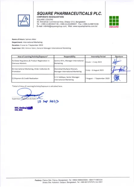 Internship road map listing the three rotations, their managers and dates, signed by each manager and the General Manager.