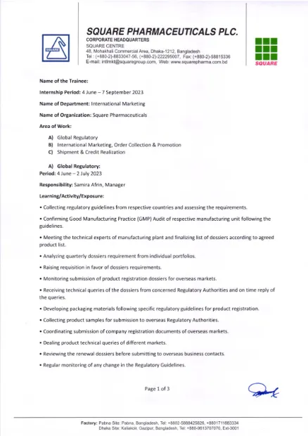 Intern's scope of area, page 1: Global Regulatory responsibilities under Samira Afrin.