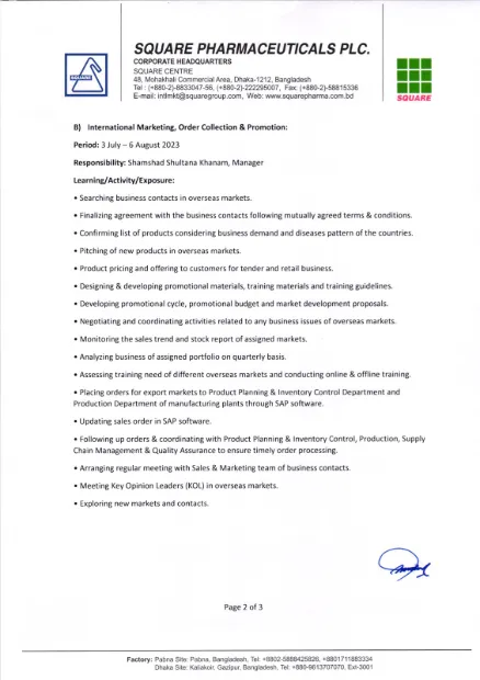 Intern's scope of area, page 2: International Marketing, Order Collection and Promotion under Shamshad Shultana Khanam.