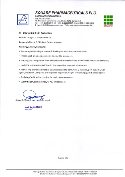 Intern's scope of area, page 3: Shipment and Credit Realization under A. B. Siddique, signed by Md. Aminul Islam.